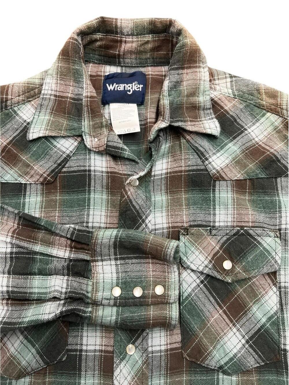 Vintage Wrangler Pearl Snap Plaid Western Shirt Green Brown Cowboy Flannel